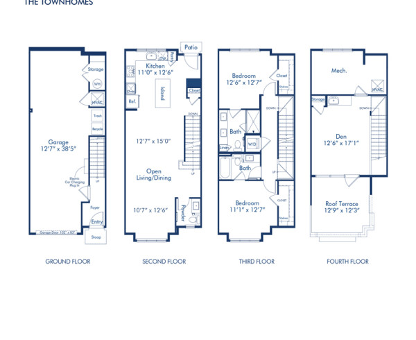Blueprint of A1 Floor Plan, 2 bedroom and 2.5 bathroom apartment home at Camden Grandview Townhomes in Charlotte, NC