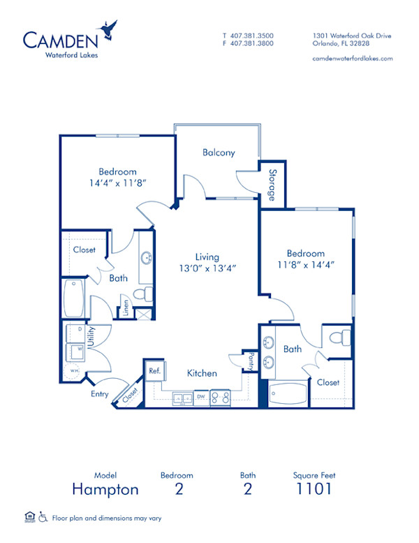 Blueprint of Hampton Floor Plan, 2 Bedrooms and 2 Bathrooms at Camden Waterford Lakes Apartments in Orlando, FL