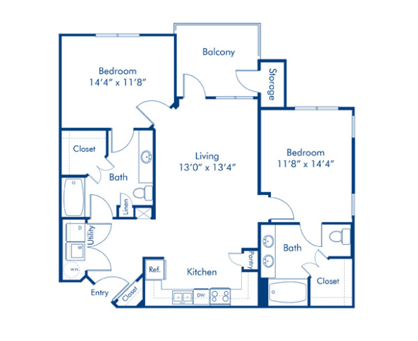 Blueprint of Hampton Floor Plan, 2 Bedrooms and 2 Bathrooms at Camden Waterford Lakes Apartments in Orlando, FL