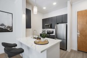 Kitchens with pull down faucet and bottom freezer refrigerator at Camden Plaza Apartments in Houston, TX 