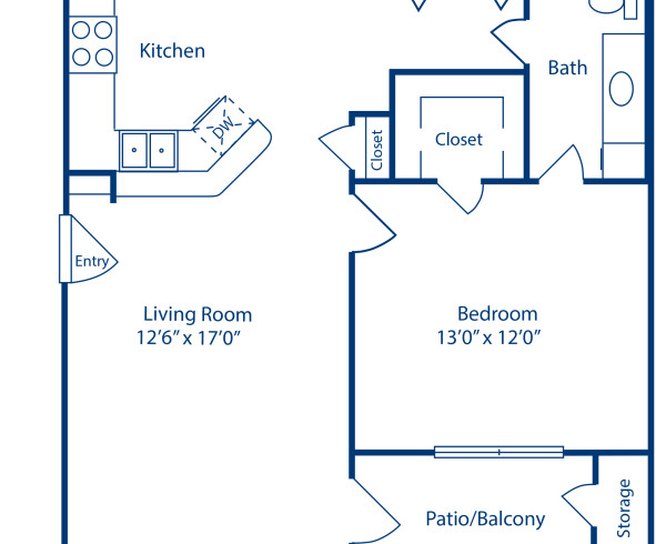 Blueprint of AV Floor Plan, 1 Bedroom and 1 Bathroom at Camden Sugar Grove Apartments in Stafford, TX