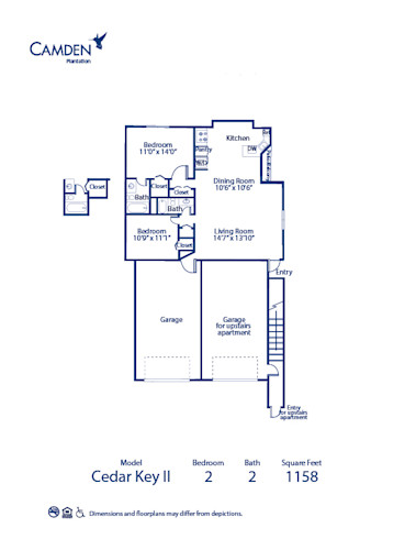 Blueprint of Cedar Key II Floor Plan, 2 Bedrooms and 2 Bathrooms at Camden Plantation Apartments in Plantation, FL