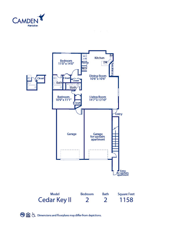 Blueprint of Cedar Key II Floor Plan, 2 Bedrooms and 2 Bathrooms at Camden Plantation Apartments in Plantation, FL