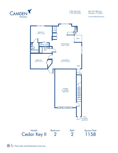 Blueprint of Cedar Key II Floor Plan, 2 Bedrooms and 2 Bathrooms at Camden Plantation Apartments in Plantation, FL