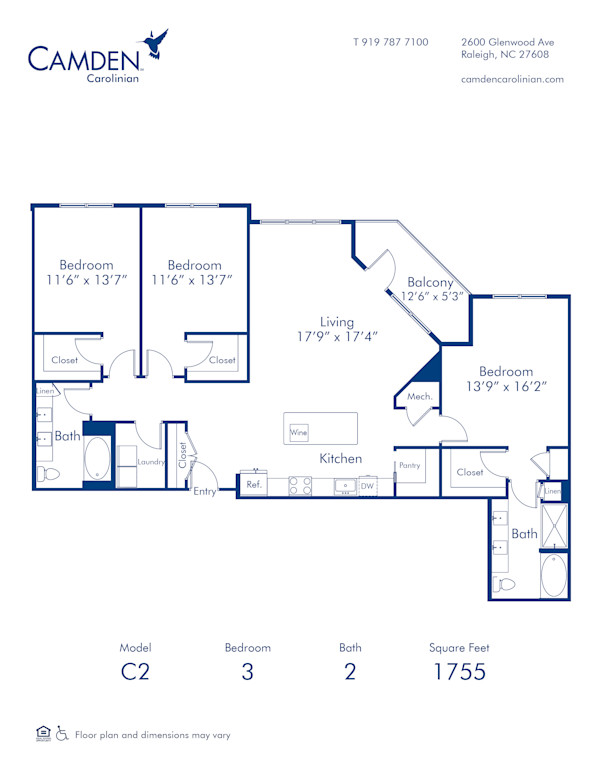 Camden Carolinian apartments in Raleigh, North Carolina three bedroom floor plan C2
