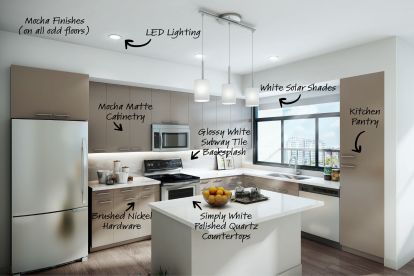 Mocha finishes with open concept kitchen, quartz countertops, pendant lighting.