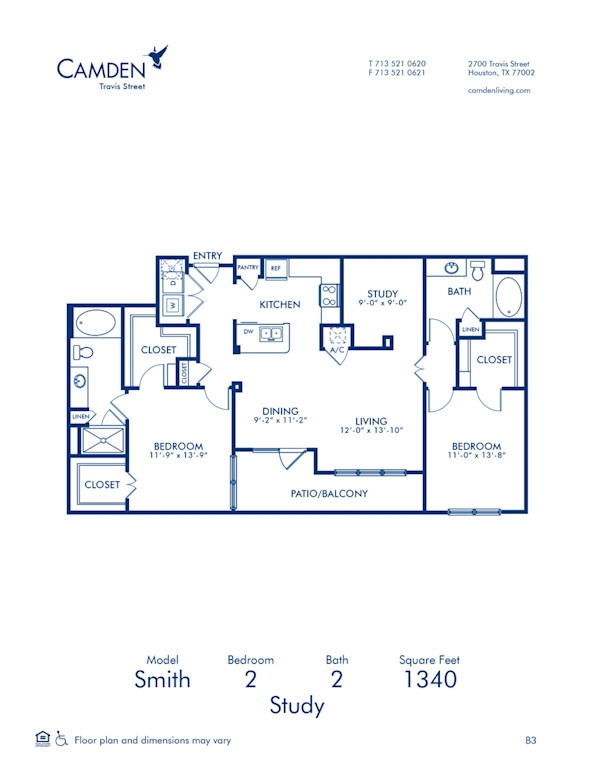 Blueprint of Smith.2 Floor Plan, 2 Bedrooms and 2 Bathrooms at Camden Travis Street Apartments in Houston, TX