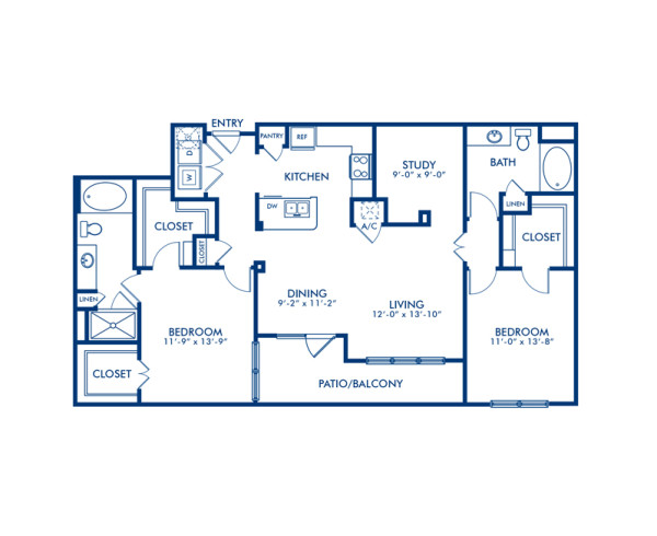 Blueprint of Smith.2 Floor Plan, 2 Bedrooms and 2 Bathrooms at Camden Travis Street Apartments in Houston, TX