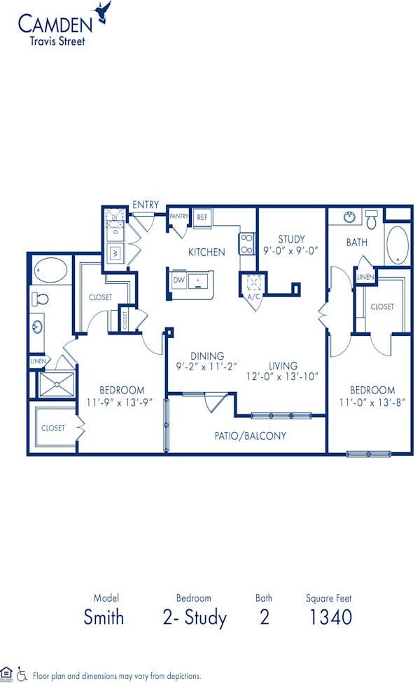 Blueprint of Smith.2 Floor Plan, 2 Bedrooms and 2 Bathrooms at Camden Travis Street Apartments in Houston, TX