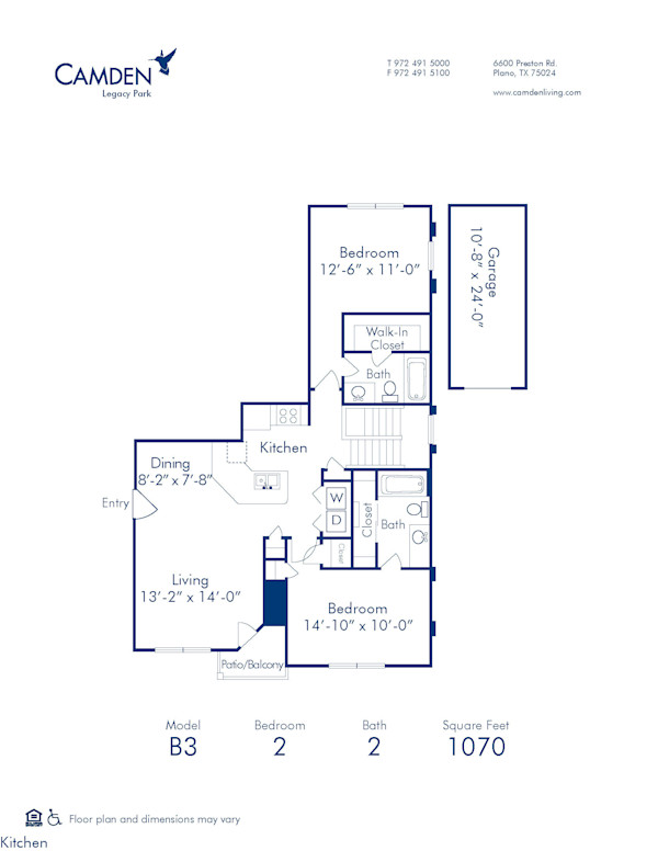 Blueprint of B3 Floor Plan, 2 Bedrooms and 2 Bathrooms at Camden Legacy Park Apartments in Plano, TX