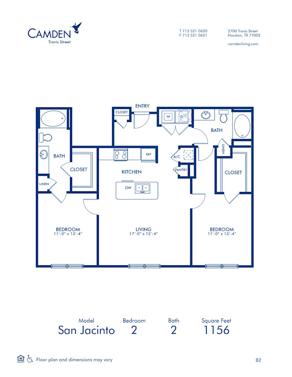 Blueprint of San Jacinto.2 Floor Plan, 2 Bedrooms and 2 Bathrooms at Camden Travis Street Apartments in Houston, TX