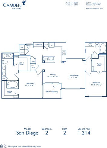 Blueprint of San Diego Floor Plan, 2 Bedrooms and 2 Bathrooms at Camden City Centre Apartments in Houston, TX