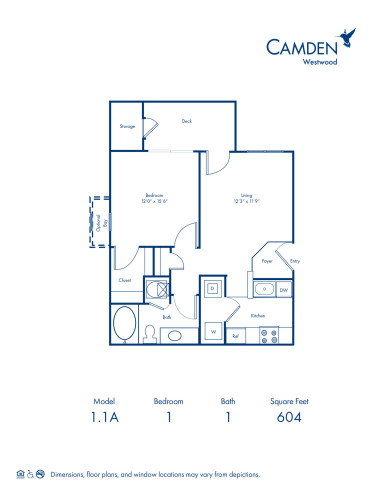 Blueprint of 1.1A Floor Plan, 1 Bedroom and 1 Bathroom at Camden Westwood Apartments in Morrisville, NC