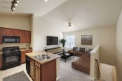 Kitchen opens to large living room at Camden Woodson Park in Houston, TX