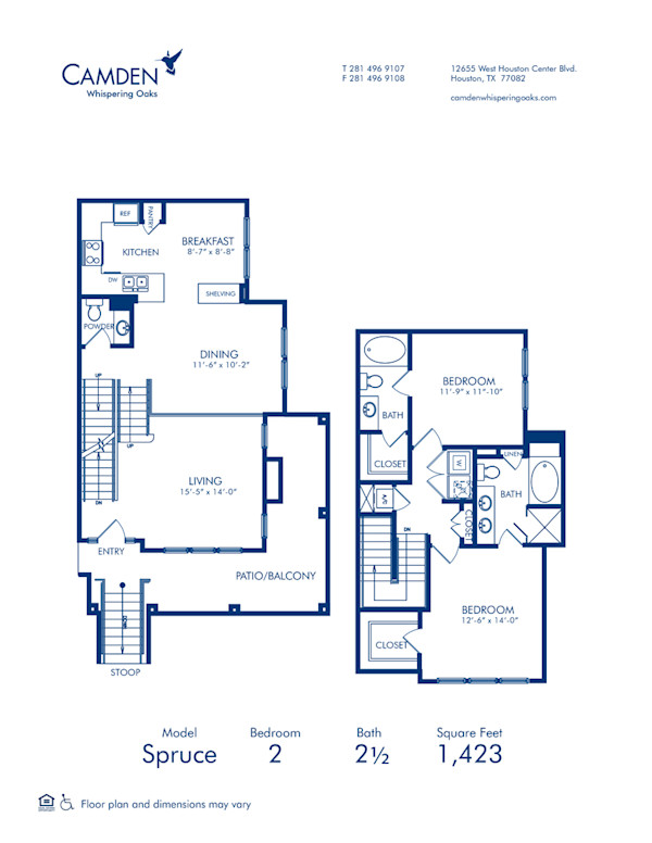 Blueprint of Spruce Townhome Floor Plan, 2 Bedrooms and 2.5 Bathrooms at Camden Whispering Oaks Apartments in Houston, TX