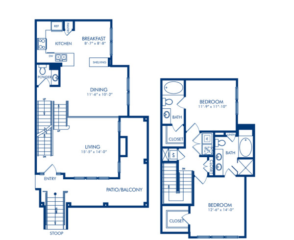 Blueprint of Spruce Townhome Floor Plan, 2 Bedrooms and 2.5 Bathrooms at Camden Whispering Oaks Apartments in Houston, TX