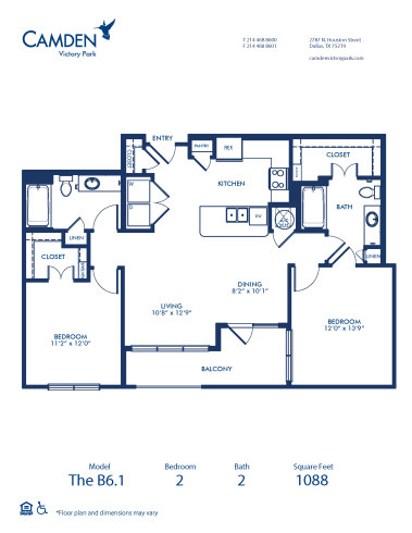 Blueprint of B6.1 Floor Plan, 2 Bedrooms and 2 Bathrooms at Camden Victory Park Apartments in Dallas, TX