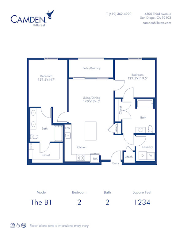 Blueprint of The B1 Floor Plan, 2 Bedrooms and 2 Bathrooms at Camden Hillcrest Apartments in San Diego, CA