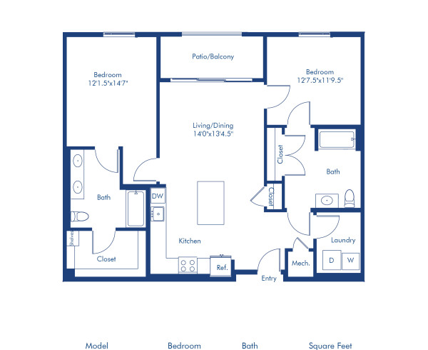 Blueprint of The B1 Floor Plan, 2 Bedrooms and 2 Bathrooms at Camden Hillcrest Apartments in San Diego, CA