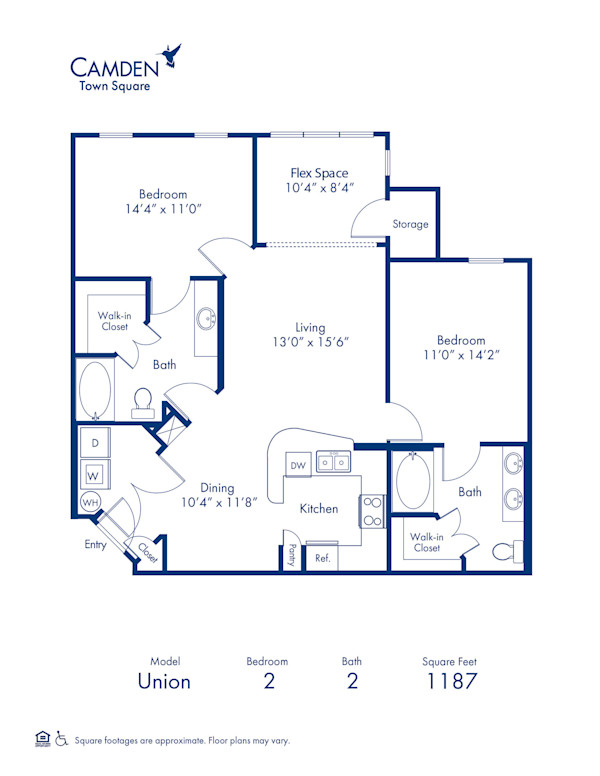Blueprint of Union Floor Plan, 2 Bedrooms and 2 Bathrooms at Camden Town Square Apartments in Kissimmee, FL