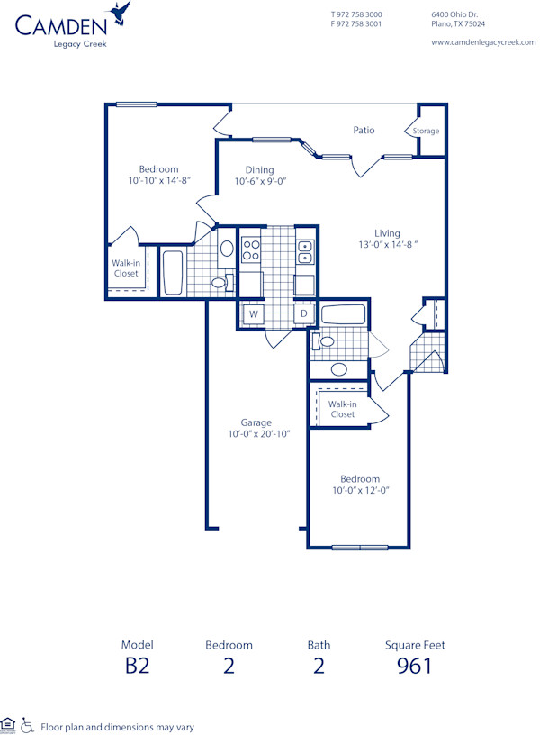 Blueprint of B2 Floor Plan, 2 Bedrooms and 2 Bathrooms at Camden Legacy Creek Apartments in Plano, TX