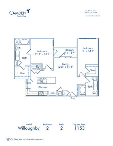 Blueprint of Willoughby Floor Plan, 2 Bedrooms and 2 Bathrooms at Camden Fourth Ward Apartments in Atlanta, GA