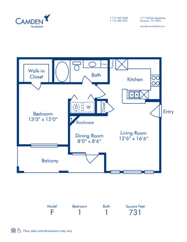 Blueprint of F Floor Plan, 1 Bedroom and 1 Bathroom at Camden Vanderbilt Apartments in Houston, TX