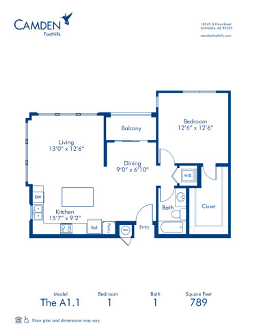 Blueprint of The A1.1 Floor Plan, 1 Bedroom and 1 Bathroom at Camden Foothills Apartments in Scottsdale, AZ