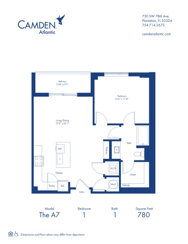 The A7 floor plan, 1 bed, 1 bath apartment home at Camden Atlantic in Plantation, FL