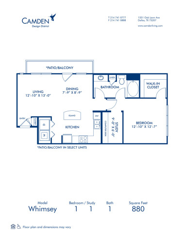 Blueprint of Whimsey Floor Plan, 1 Bedroom and 1 Bathroom at Camden Design District Apartments in Dallas, TX