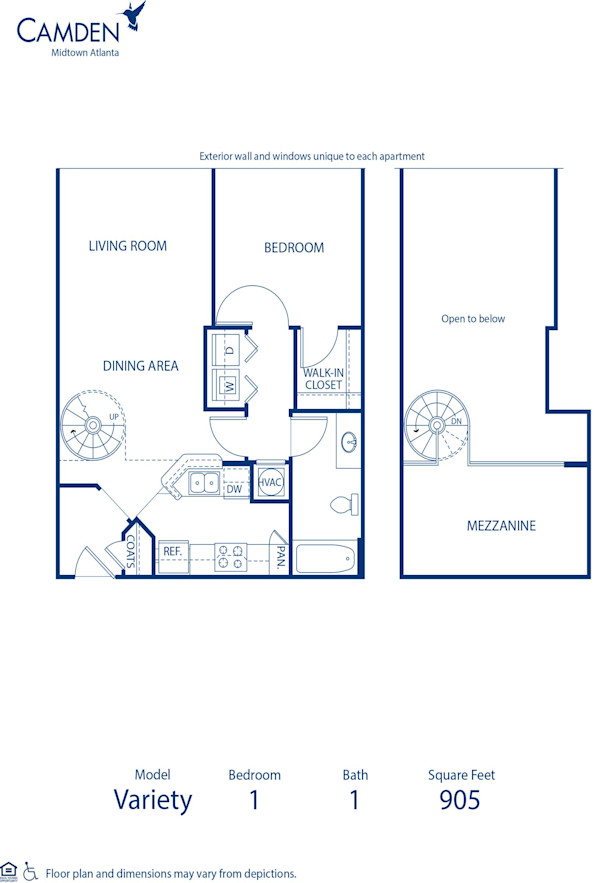 Blueprint of Variety Floor Plan, 1 Bedroom and 1 Bathroom at Camden Midtown Atlanta Apartments in Atlanta, GA