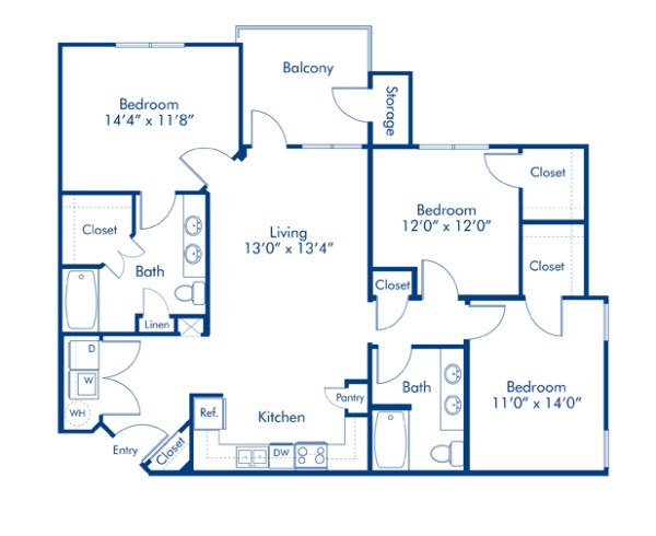 Blueprint of Seaport Floor Plan, 3 Bedrooms and 2 Bathrooms at Camden Waterford Lakes Apartments in Orlando, FL