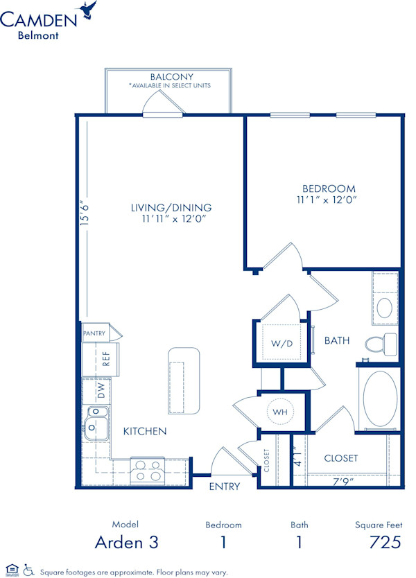 Blueprint of Arden 3 Floor Plan, 1 Bedroom and 1 Bathroom at Camden Belmont Apartments in Dallas, TX