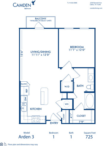 Blueprint of Arden 3 Floor Plan, 1 Bedroom and 1 Bathroom at Camden Belmont Apartments in Dallas, TX