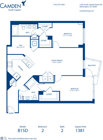 Blueprint of B15D Floor Plan, 2 Bedrooms and 2 Bathrooms at Camden South Capitol Apartments in Washington, DC