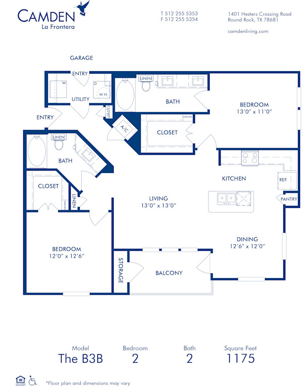 Blueprint of B3B Floor Plan, 2 Bedrooms and 2 Bathrooms at Camden La Frontera Apartments in Round Rock, TX