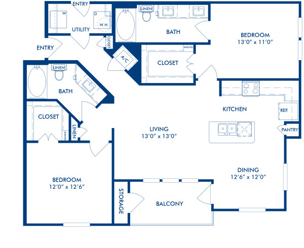 Blueprint of B3B Floor Plan, 2 Bedrooms and 2 Bathrooms at Camden La Frontera Apartments in Round Rock, TX
