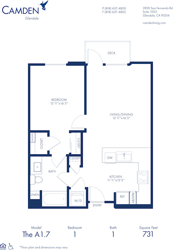 Blueprint of A1.7 Floor Plan, 1 Bedroom and 1 Bathroom at Camden Glendale Apartments in Glendale, CA