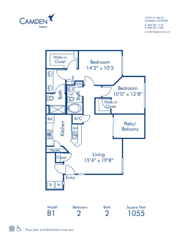 Blueprint of B1 Floor Plan, 2 Bedrooms and 2 Bathrooms at Camden Legacy Apartments in Scottsdale, AZ