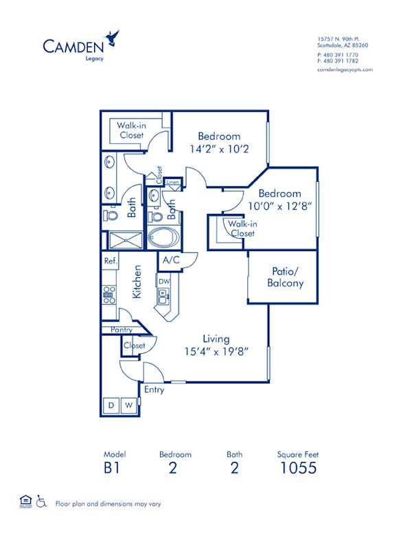 Blueprint of B1 Floor Plan, 2 Bedrooms and 2 Bathrooms at Camden Legacy Apartments in Scottsdale, AZ