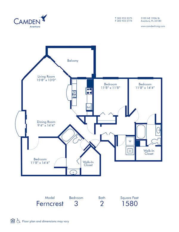 The spacious 1580 square foot ferncrest apartment floor plan at Camden Aventura apartments in Aventura, Florida.