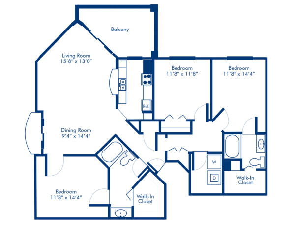 The spacious 1580 square foot ferncrest apartment floor plan at Camden Aventura apartments in Aventura, Florida.