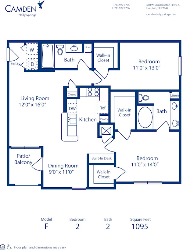 Blueprint of F Floor Plan, 2 Bedrooms and 2 Bathrooms at Camden Holly Springs Apartments in Houston, TX