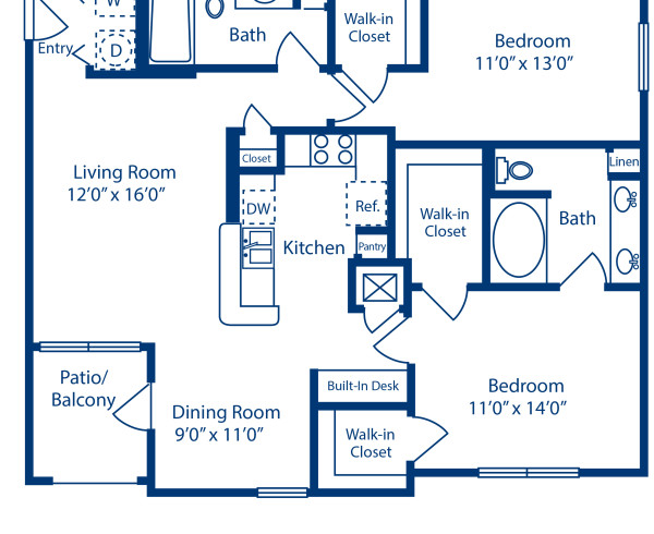 Blueprint of F Floor Plan, 2 Bedrooms and 2 Bathrooms at Camden Holly Springs Apartments in Houston, TX