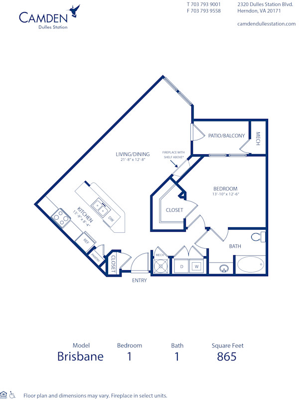 Blueprint of Brisbane Floor Plan, 1 Bedroom and 1 Bathroom at Camden Dulles Station Apartments in Herndon, VA