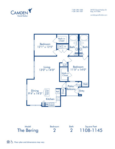 Blueprint of The Bering 1145 Floor Plan, 2 Bedrooms and 2 Bathrooms at Camden Grand Harbor  Apartments in Katy, TX