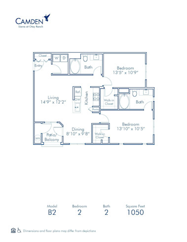 Blueprint of B2 Floor Plan, 2 Bedrooms and 2 Bathrooms at Camden Sierra at Otay Ranch Apartments in Chula Vista, CA