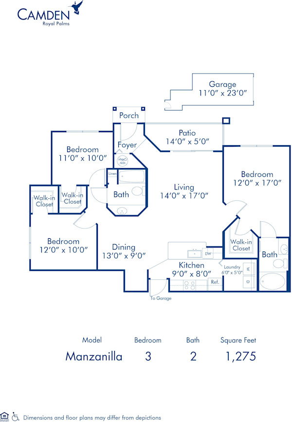 Blueprint of Manzanilla - G Floor Plan, 3 Bedrooms and 2 Bathrooms at Camden Royal Palms Apartments in Brandon, FL