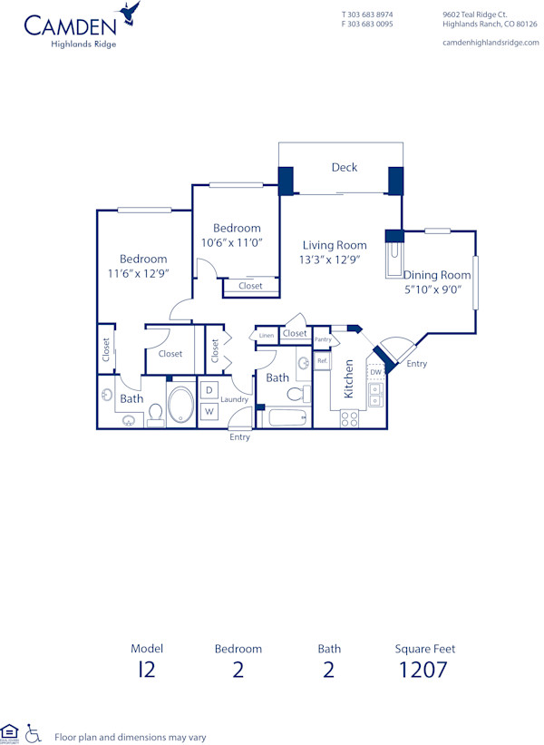 Blueprint of I2 Floor Plan, 2 Bedrooms and 2 Bathrooms at Camden Highlands Ridge Apartments in Highlands Ranch, CO
