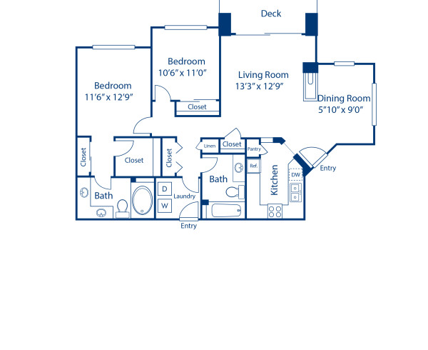 Blueprint of I2 Floor Plan, 2 Bedrooms and 2 Bathrooms at Camden Highlands Ridge Apartments in Highlands Ranch, CO